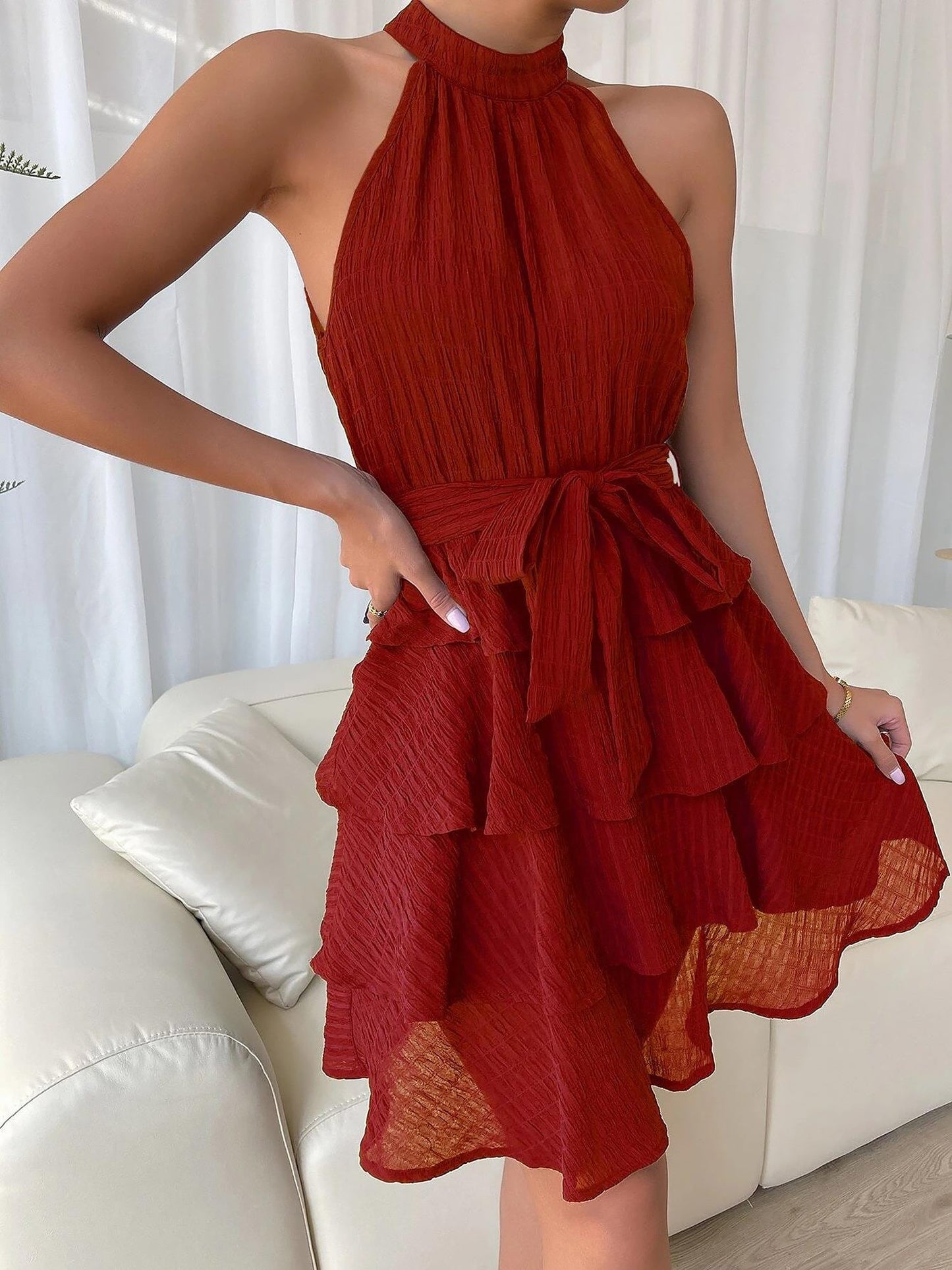 Elegant Tiered Mini Dress for Women with Halter Neck Tie Waist Ruffle Style