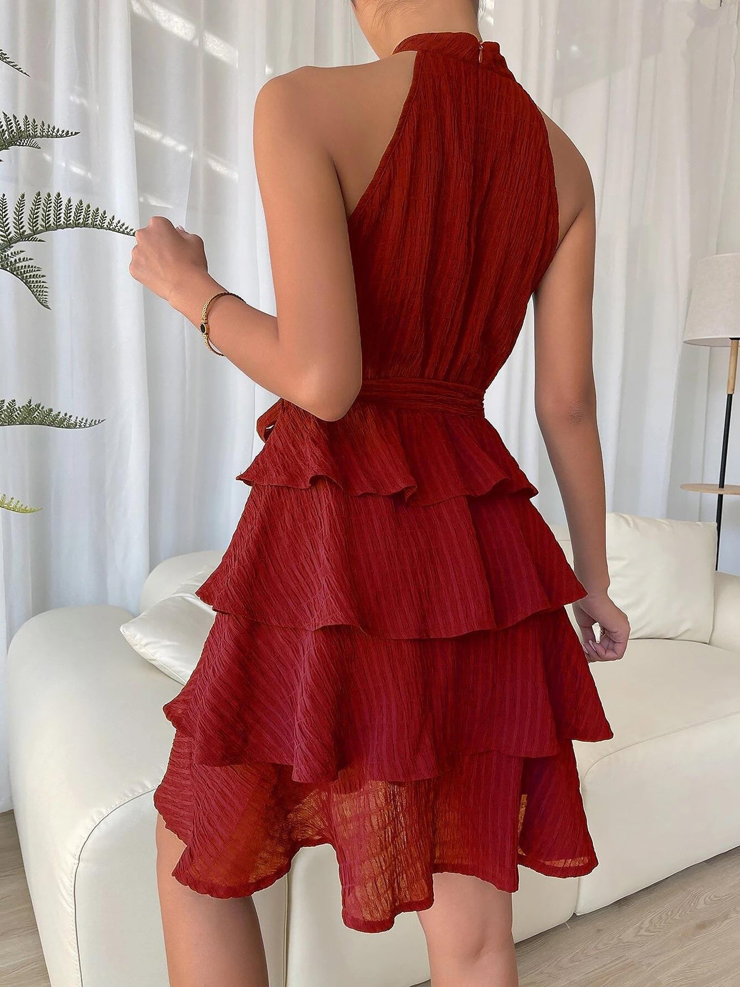 Elegant Tiered Mini Dress for Women with Halter Neck Tie Waist Ruffle Style
