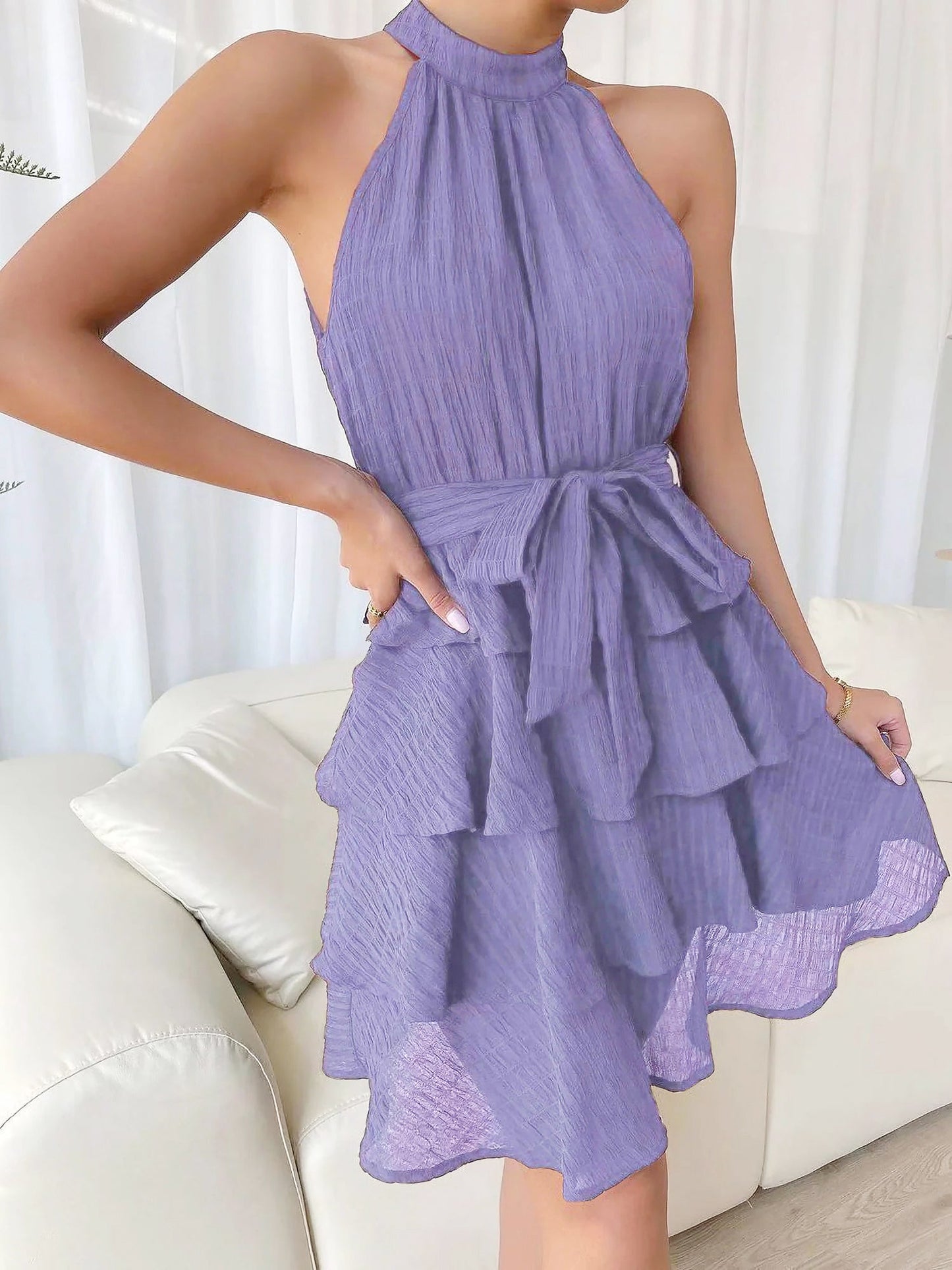 Elegant Tiered Mini Dress for Women with Halter Neck Tie Waist Ruffle Style