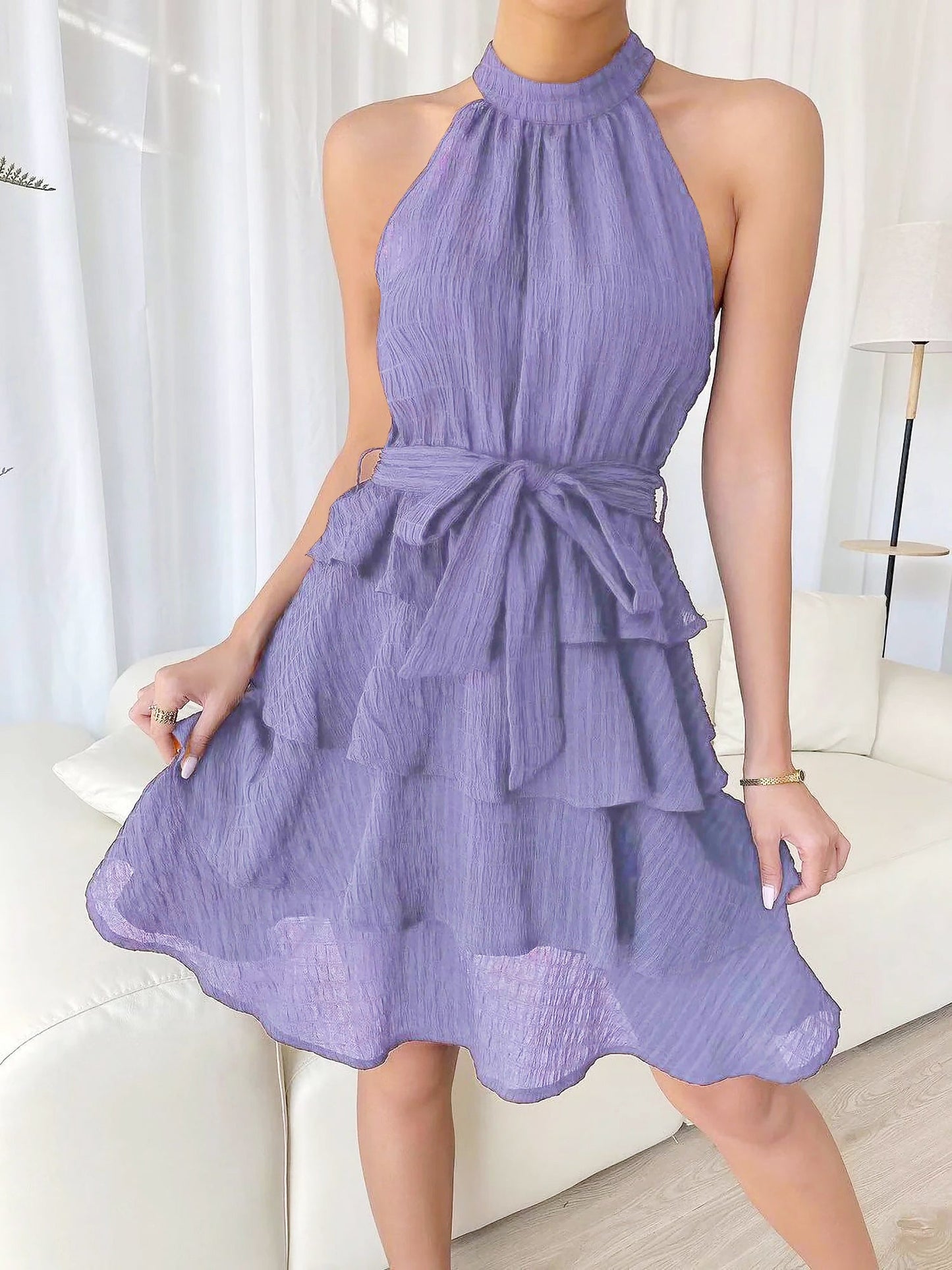Elegant Tiered Mini Dress for Women with Halter Neck Tie Waist Ruffle Style