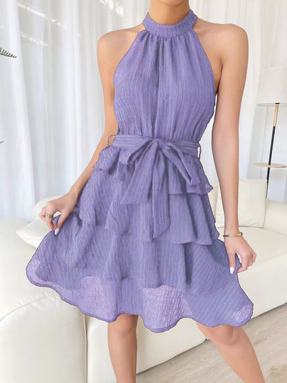 Elegant Tiered Mini Dress for Women with Halter Neck Tie Waist Ruffle Style