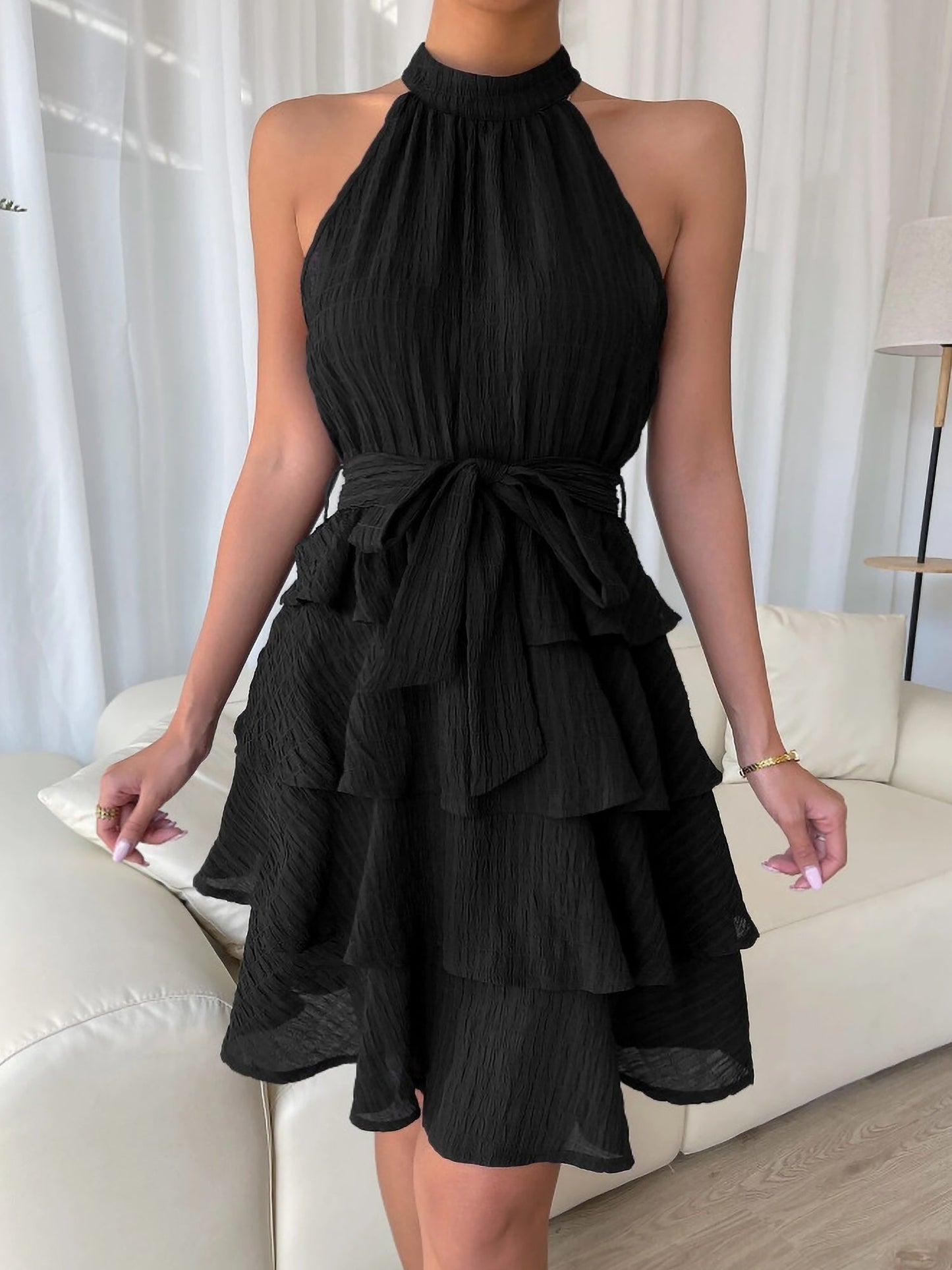 Elegant Tiered Mini Dress for Women with Halter Neck Tie Waist Ruffle Style