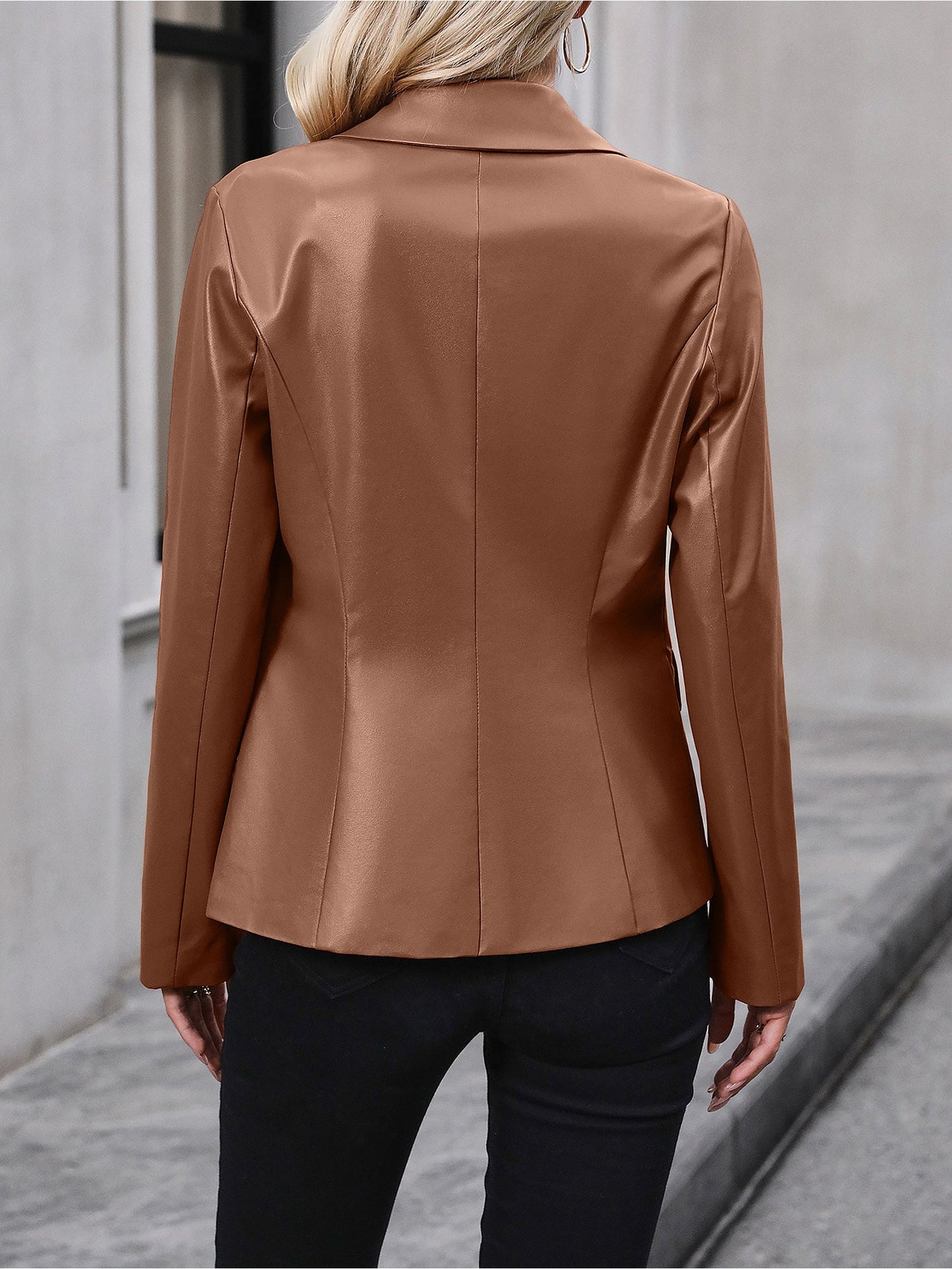 Effortless Leather Jacket for Women with Double Breasted Lapel Tailored Blazer Style