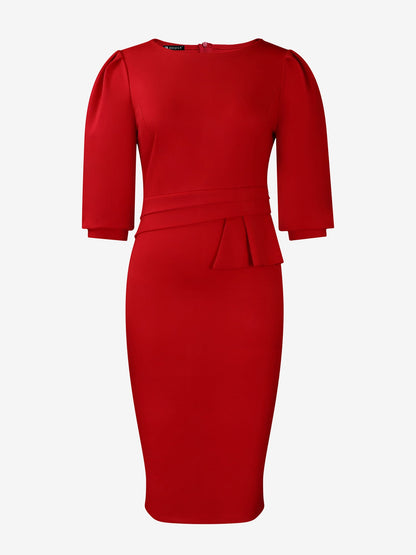 Elegant Red Dress for Women with Round Neck Elbow Sleeve Peplum Bodycon Midi Style