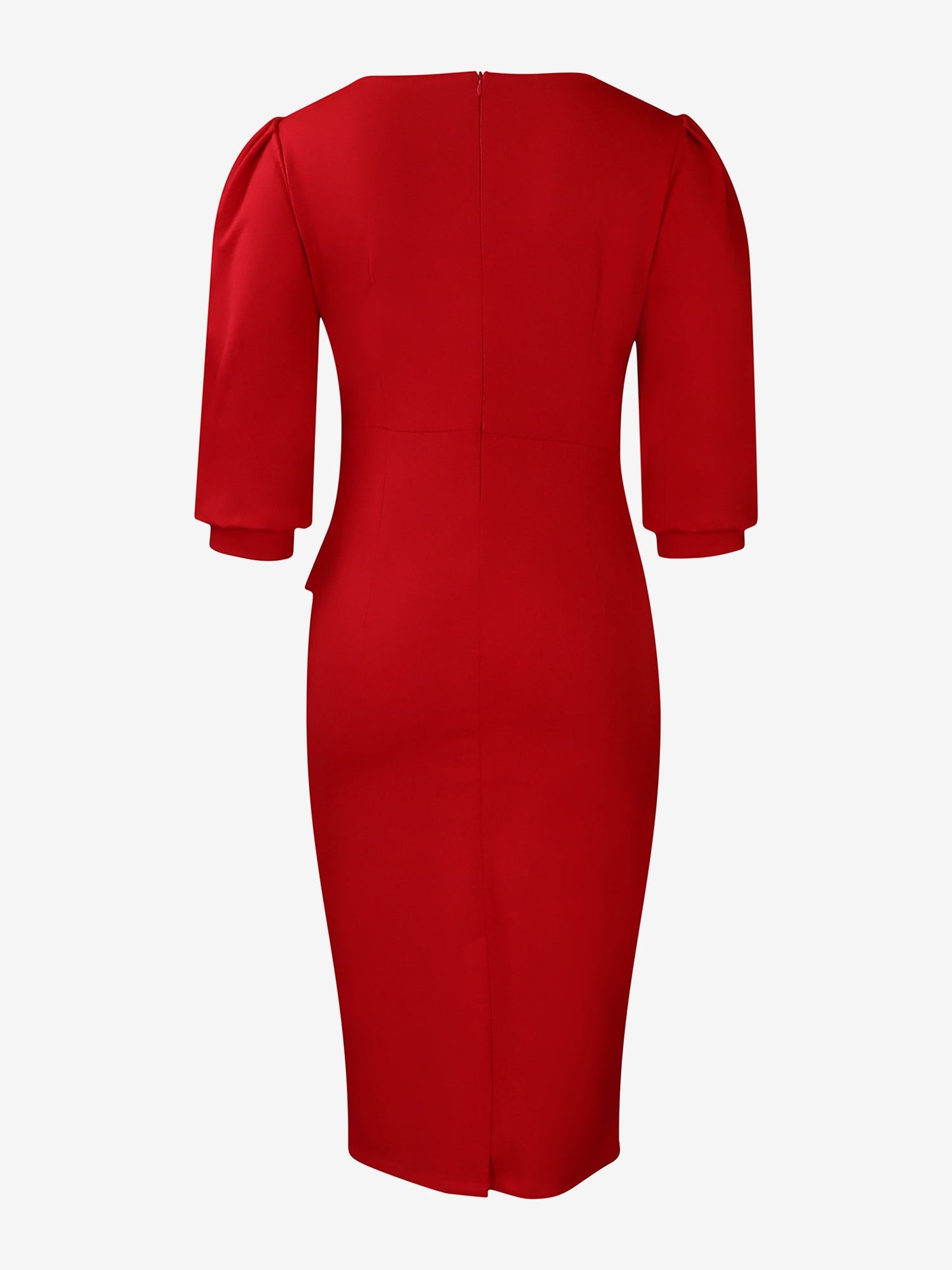 Elegant Red Dress for Women with Round Neck Elbow Sleeve Peplum Bodycon Midi Style