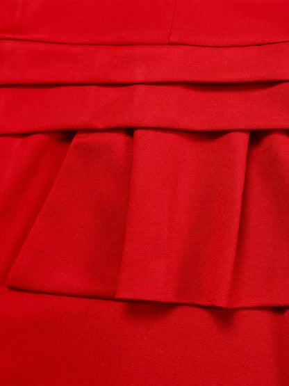 Elegant Red Dress for Women with Round Neck Elbow Sleeve Peplum Bodycon Midi Style