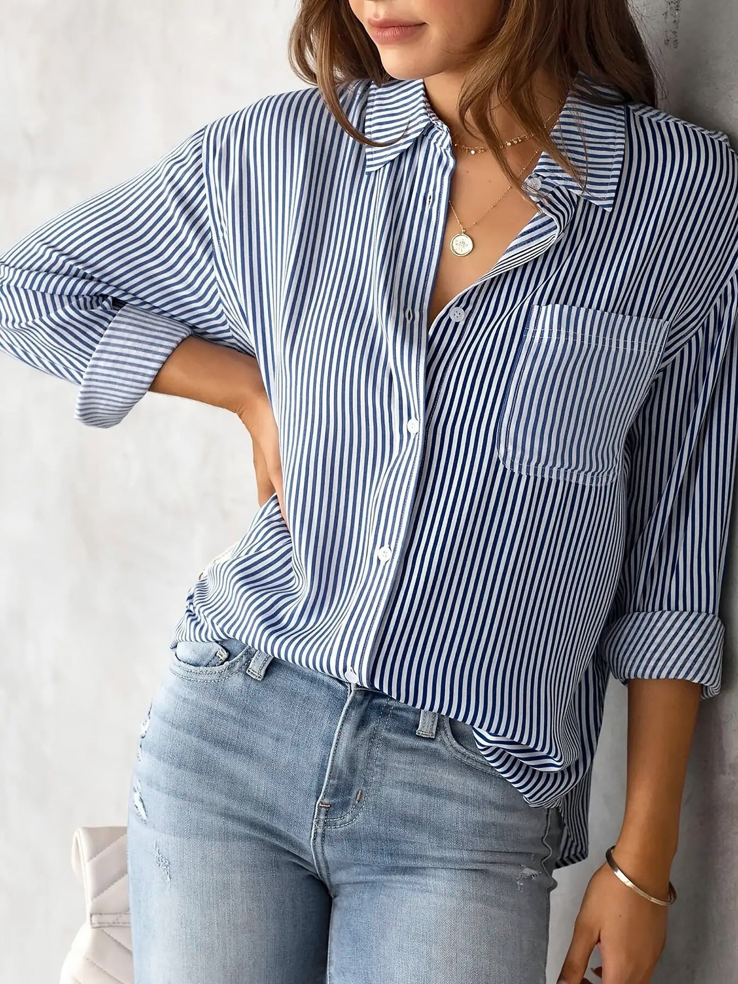 Stylish Blouses for Women with Vertical Stripes Long Sleeves Buttoned Down Office Style