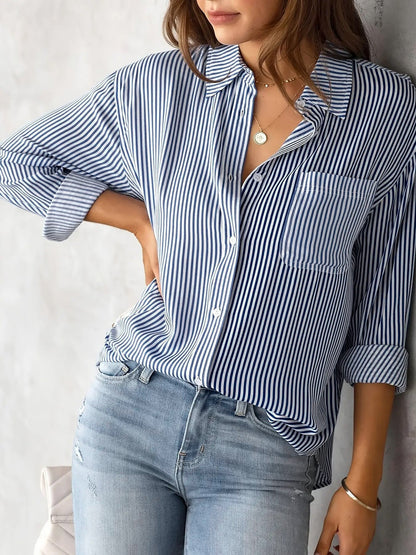 Stylish Blouses for Women with Vertical Stripes Long Sleeves Buttoned Down Office Style