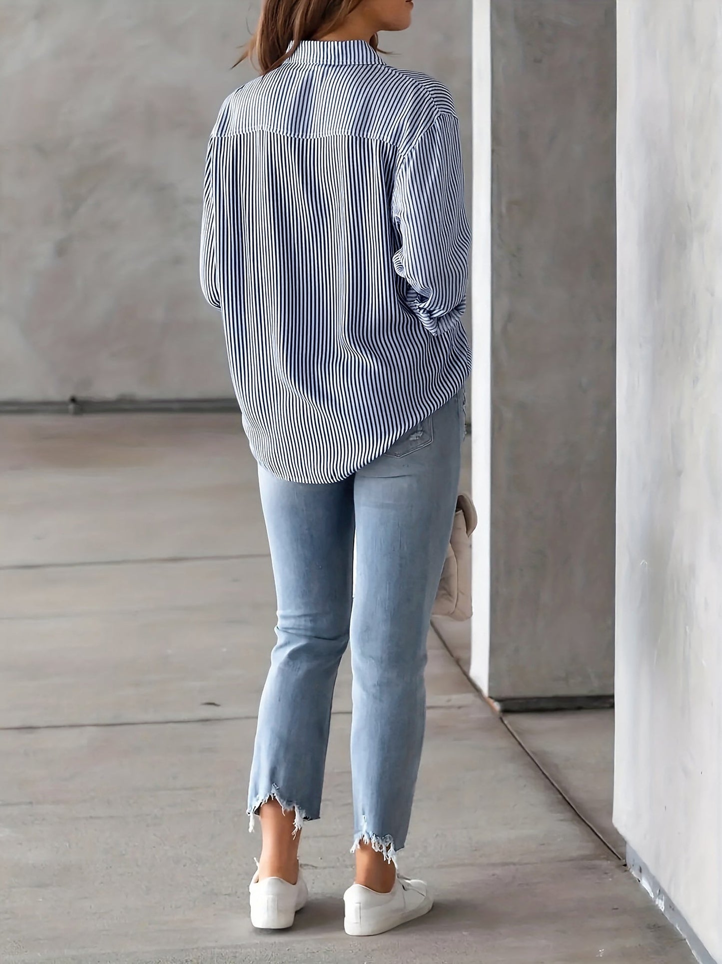 Stylish Blouses for Women with Vertical Stripes Long Sleeves Buttoned Down Office Style
