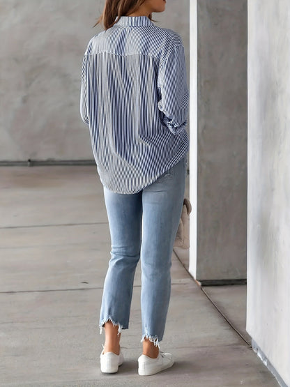 Stylish Blouses for Women with Vertical Stripes Long Sleeves Buttoned Down Office Style