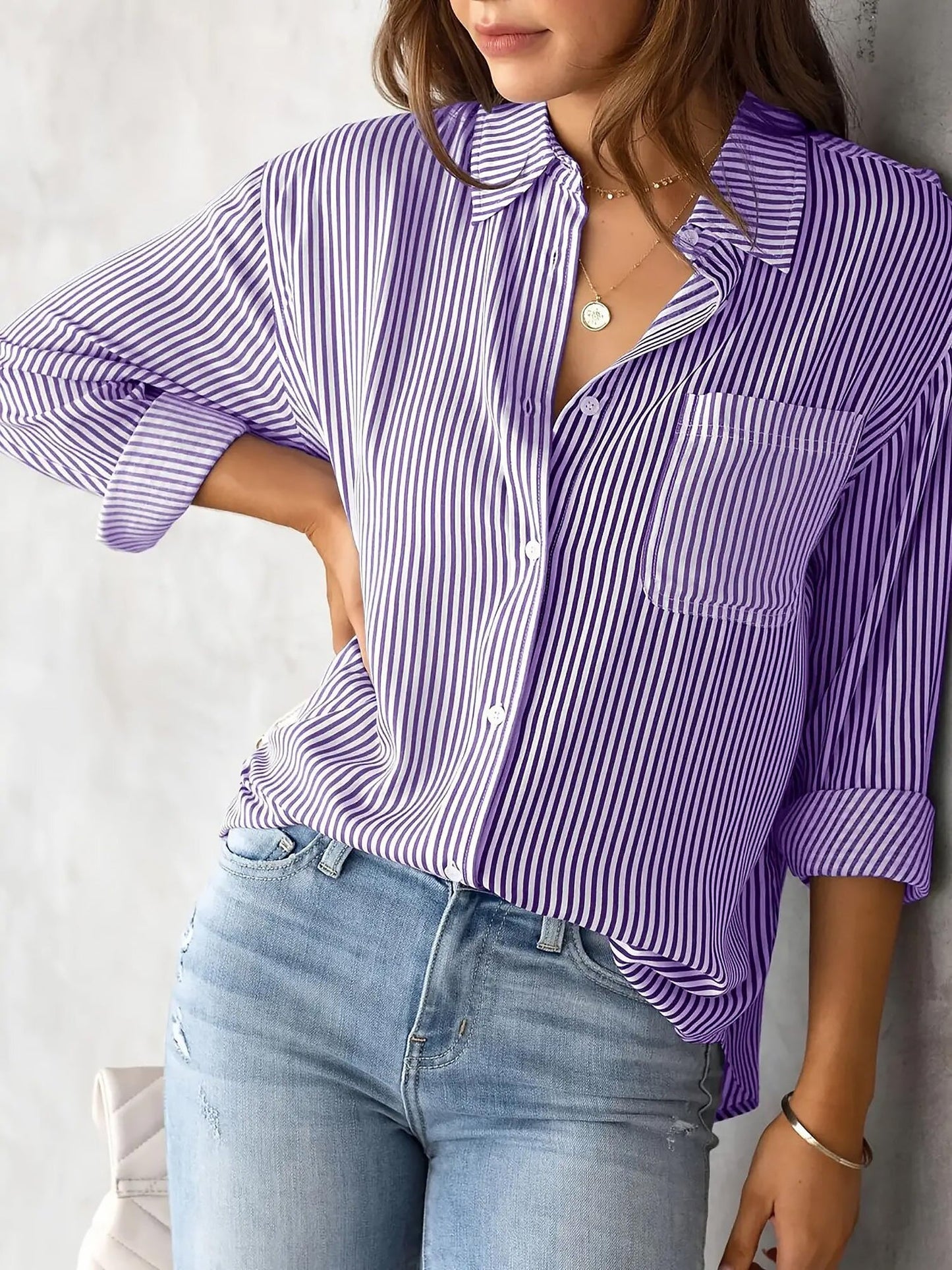 Stylish Blouses for Women with Vertical Stripes Long Sleeves Buttoned Down Office Style