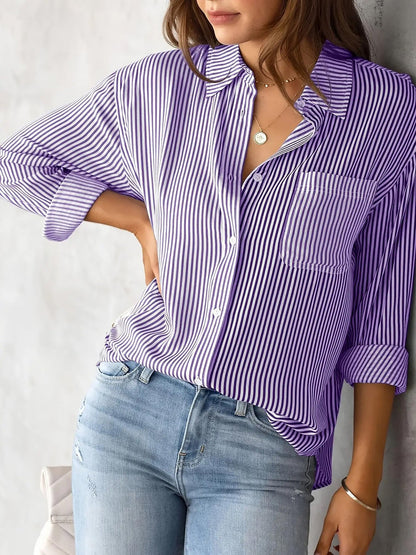 Stylish Blouses for Women with Vertical Stripes Long Sleeves Buttoned Down Office Style