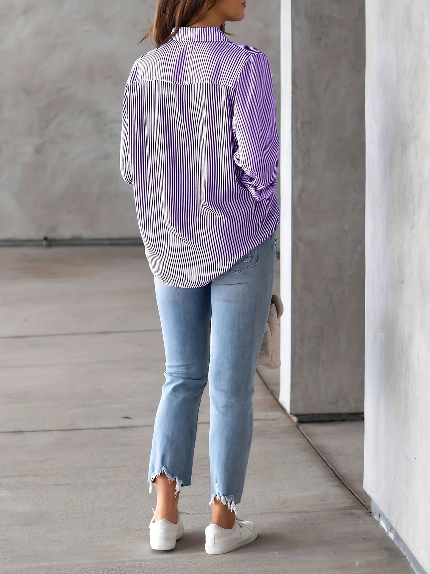 Stylish Blouses for Women with Vertical Stripes Long Sleeves Buttoned Down Office Style