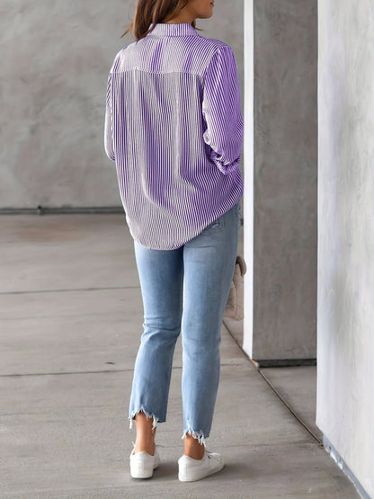 Stylish Blouses for Women with Vertical Stripes Long Sleeves Buttoned Down Office Style