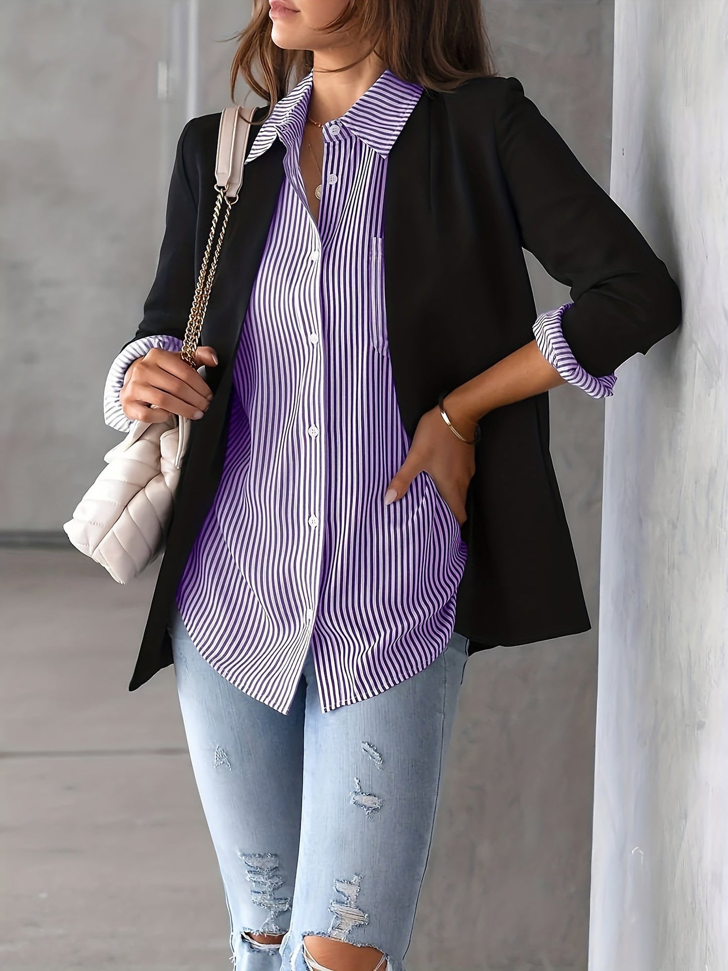 Stylish Blouses for Women with Vertical Stripes Long Sleeves Buttoned Down Office Style