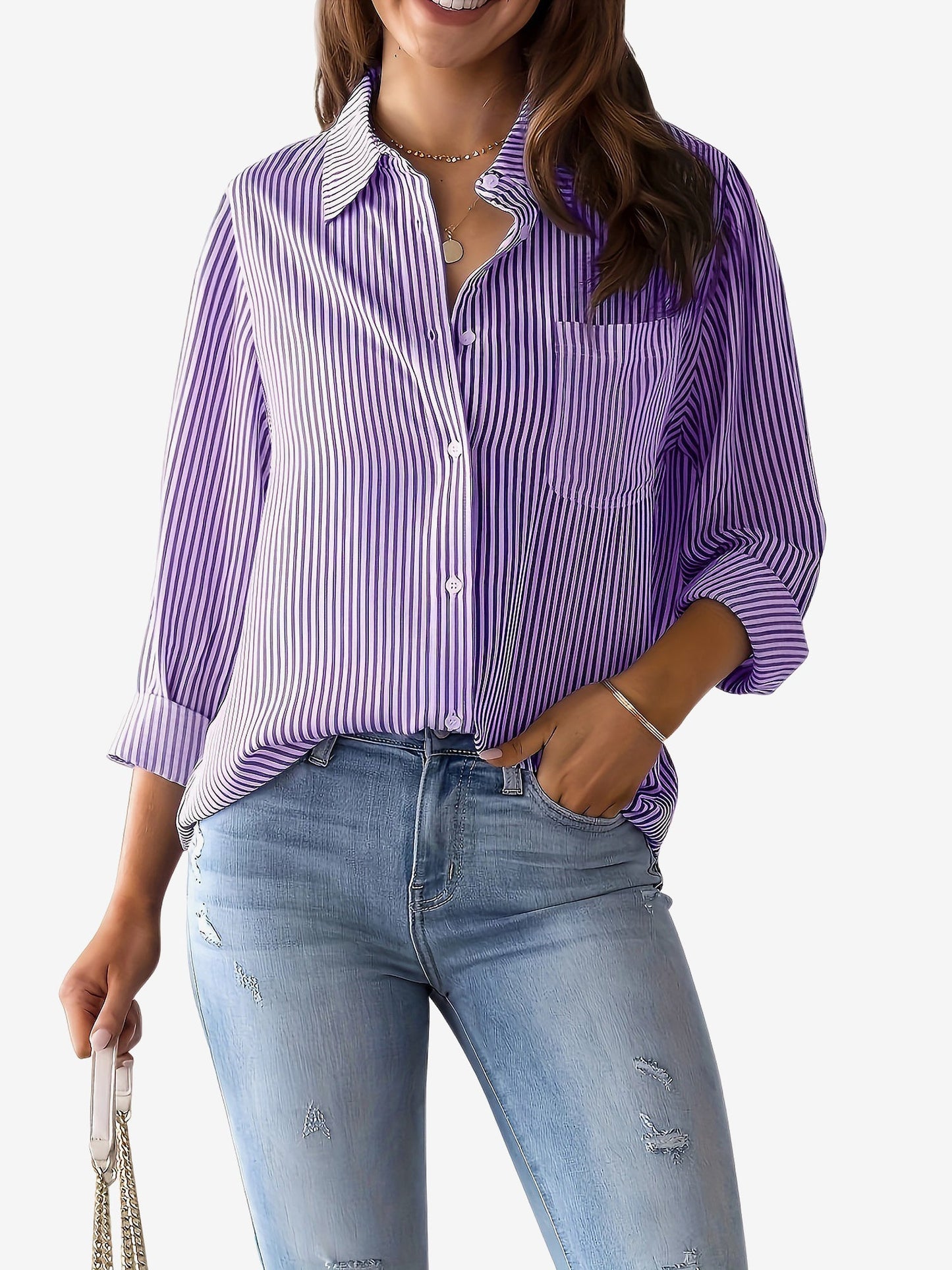 Stylish Blouses for Women with Vertical Stripes Long Sleeves Buttoned Down Office Style