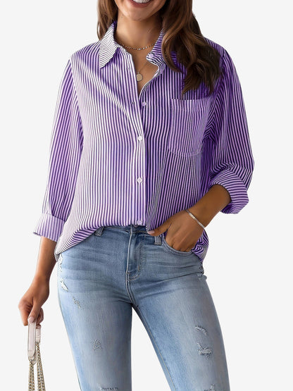 Stylish Blouses for Women with Vertical Stripes Long Sleeves Buttoned Down Office Style
