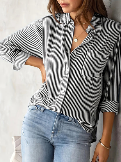 Stylish Blouses for Women with Vertical Stripes Long Sleeves Buttoned Down Office Style