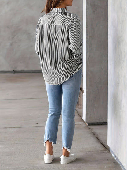 Stylish Blouses for Women with Vertical Stripes Long Sleeves Buttoned Down Office Style