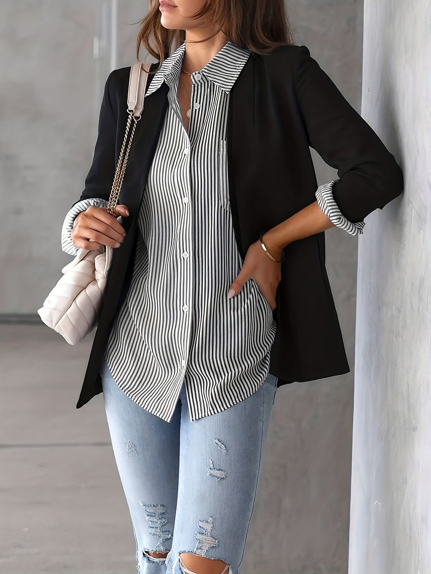 Stylish Blouses for Women with Vertical Stripes Long Sleeves Buttoned Down Office Style