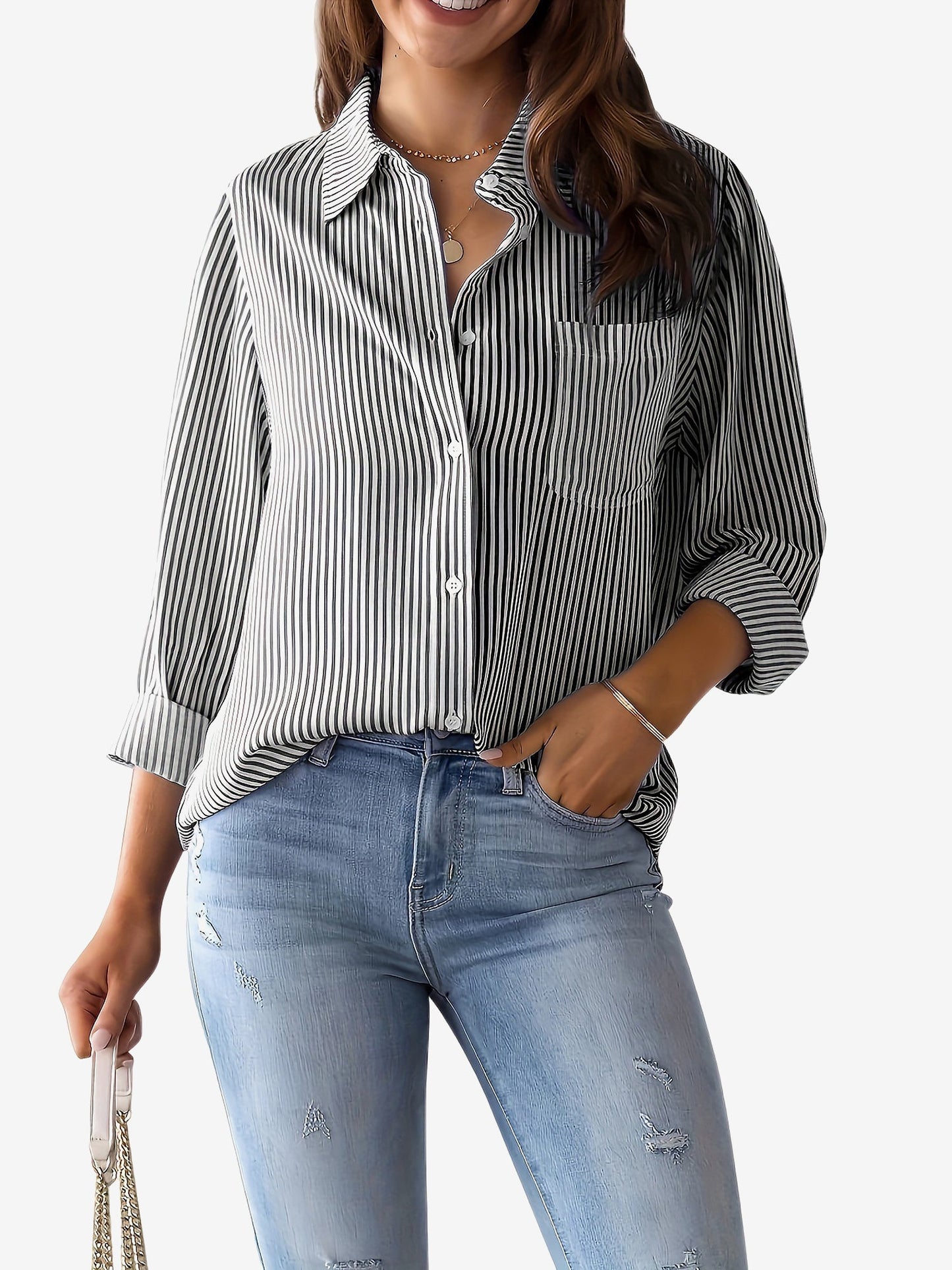 Stylish Blouses for Women with Vertical Stripes Long Sleeves Buttoned Down Office Style
