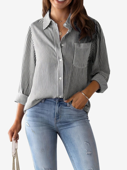 Stylish Blouses for Women with Vertical Stripes Long Sleeves Buttoned Down Office Style