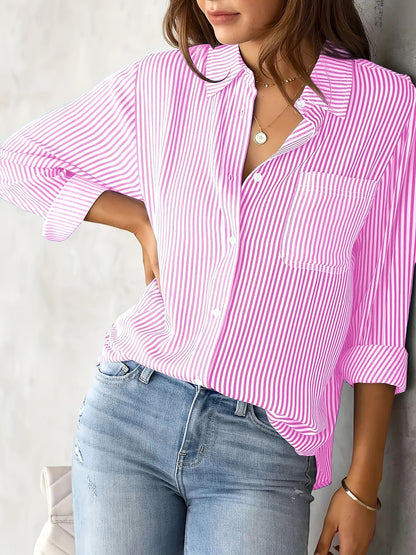 Stylish Blouses for Women with Vertical Stripes Long Sleeves Buttoned Down Office Style