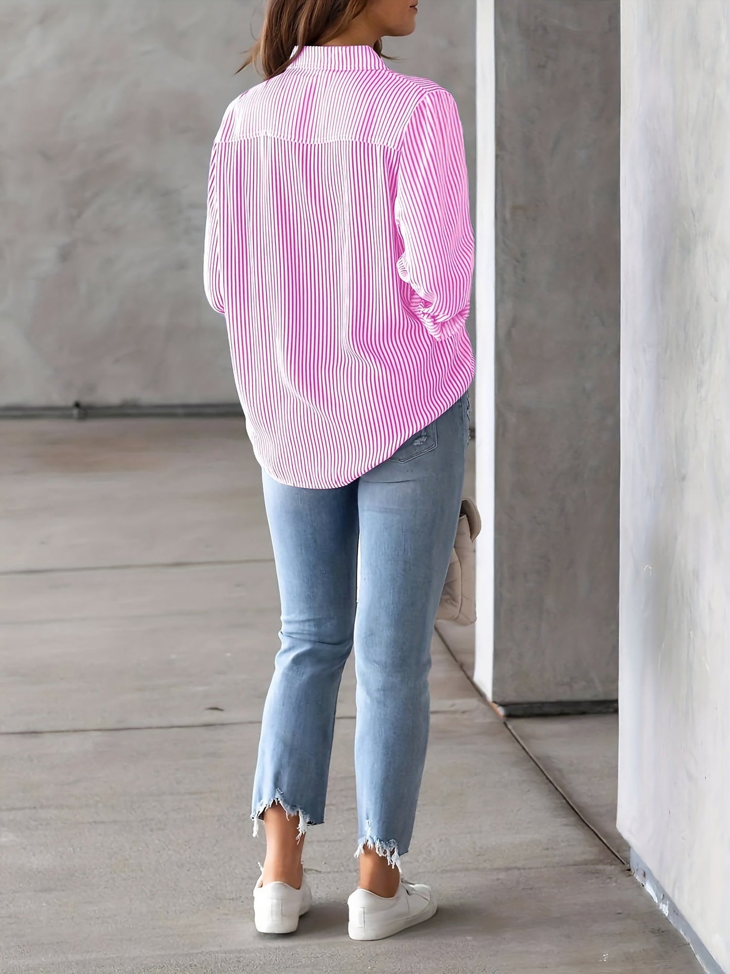 Stylish Blouses for Women with Vertical Stripes Long Sleeves Buttoned Down Office Style