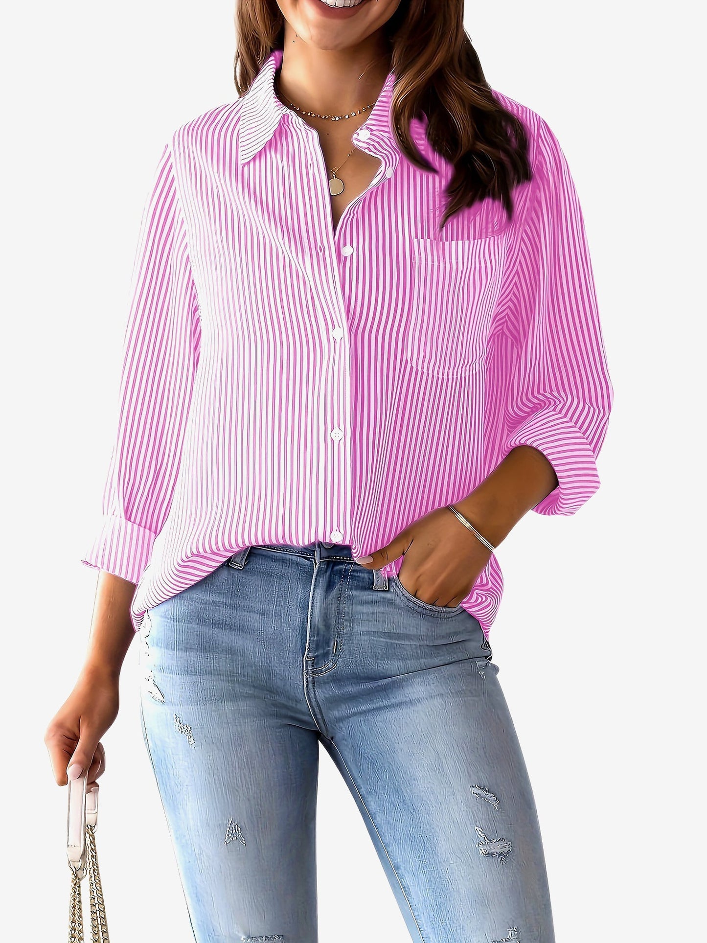 Stylish Blouses for Women with Vertical Stripes Long Sleeves Buttoned Down Office Style