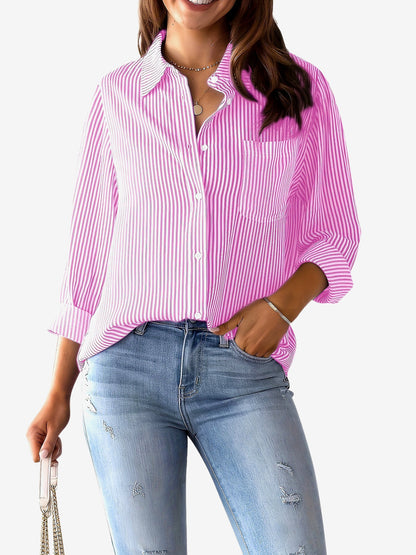 Stylish Blouses for Women with Vertical Stripes Long Sleeves Buttoned Down Office Style