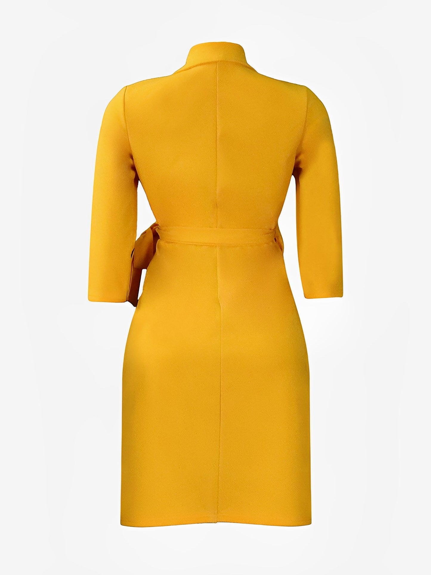 Elegant Yellow Wrap Dress for Women with Collar Elbow Sleeve Pleated Tie Waist