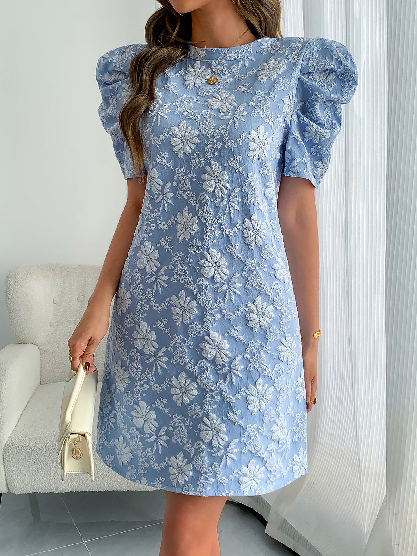 Elegant Mini Dress for Women with Puff Sleeve Floral Jacquard Round Neck Style