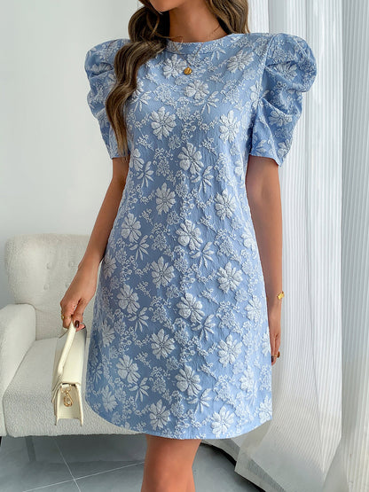 Elegant Mini Dress for Women with Puff Sleeve Floral Jacquard Round Neck Style