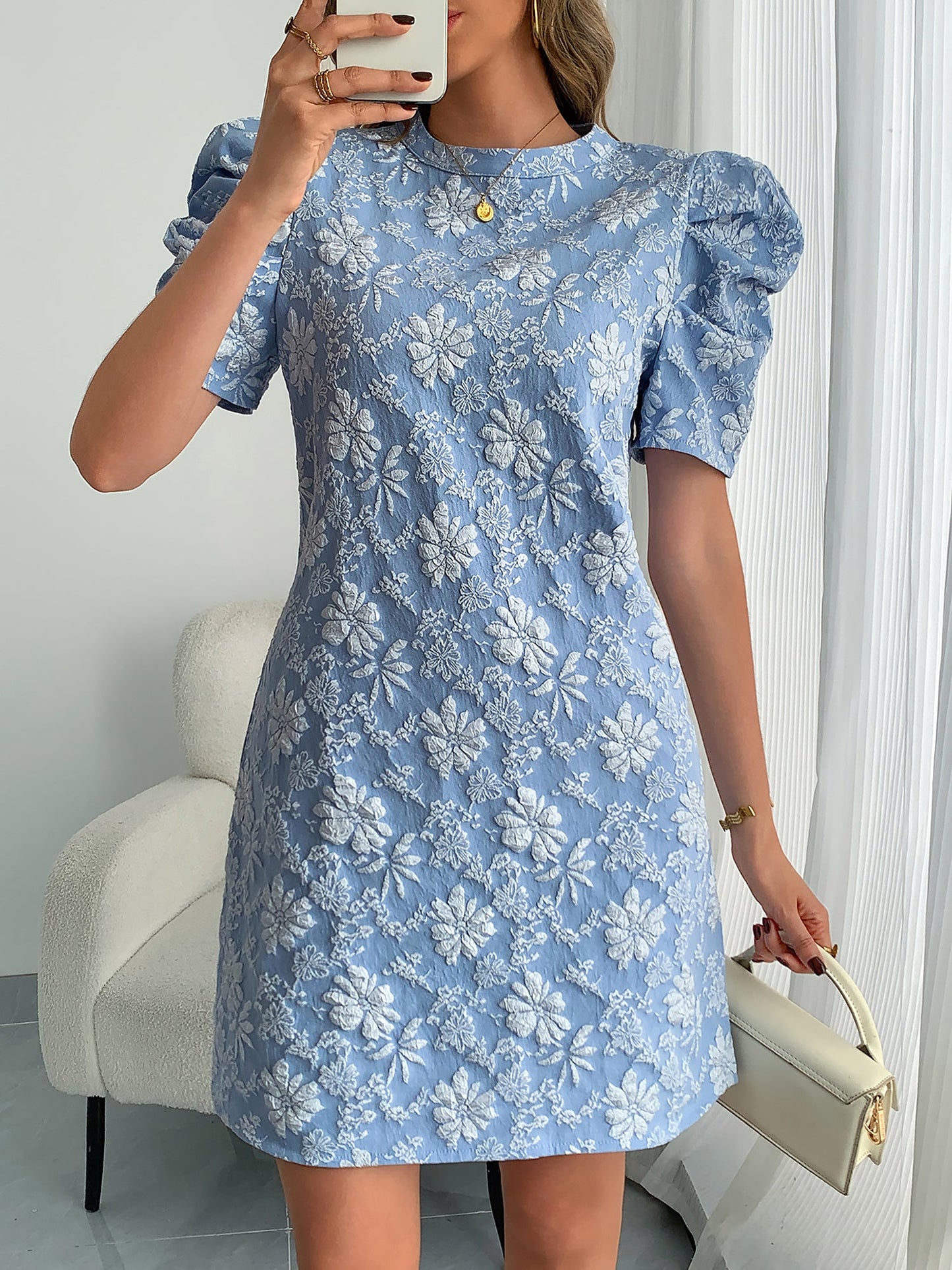 Elegant Mini Dress for Women with Puff Sleeve Floral Jacquard Round Neck Style