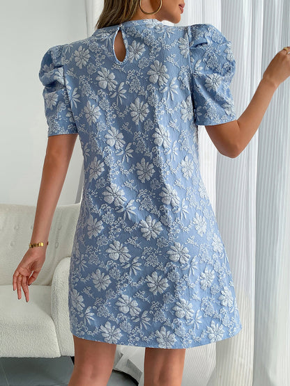 Elegant Mini Dress for Women with Puff Sleeve Floral Jacquard Round Neck Style