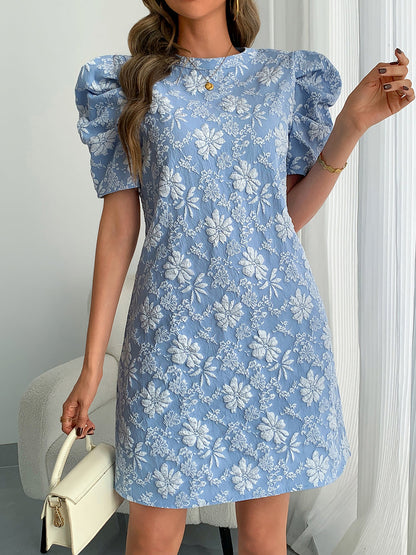 Elegant Mini Dress for Women with Puff Sleeve Floral Jacquard Round Neck Style