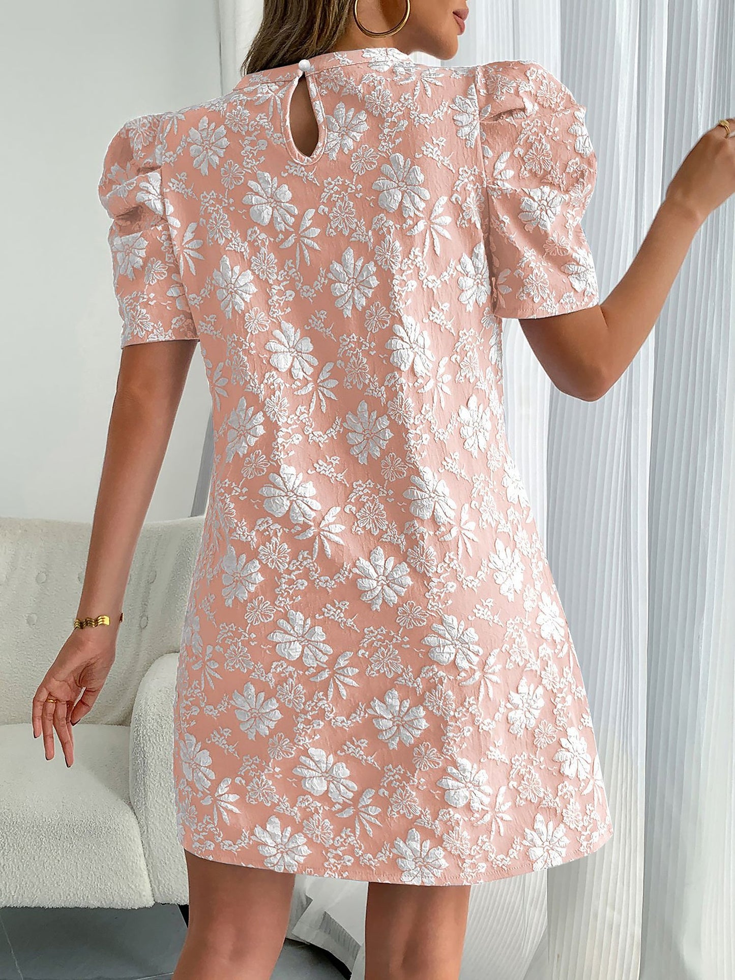 Elegant Mini Dress for Women with Puff Sleeve Floral Jacquard Round Neck Style