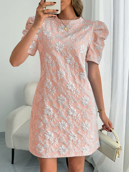 Elegant Mini Dress for Women with Puff Sleeve Floral Jacquard Round Neck Style