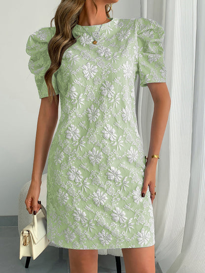 Elegant Mini Dress for Women with Puff Sleeve Floral Jacquard Round Neck Style