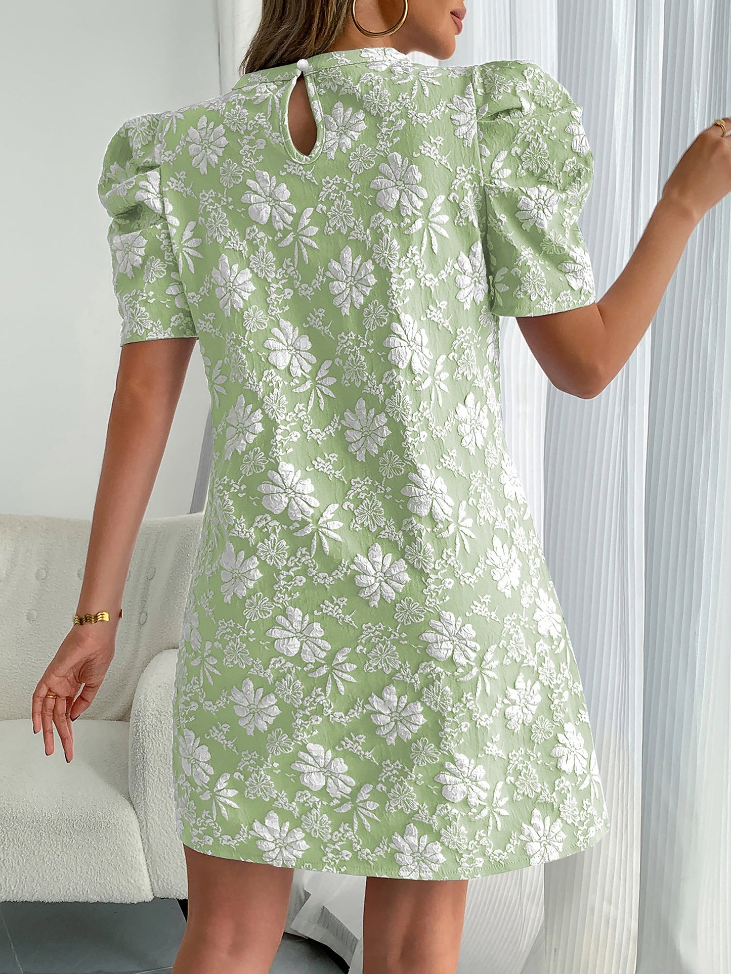Elegant Mini Dress for Women with Puff Sleeve Floral Jacquard Round Neck Style