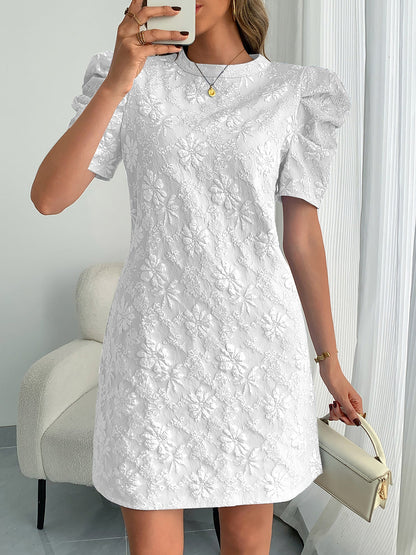Elegant Mini Dress for Women with Puff Sleeve Floral Jacquard Round Neck Style