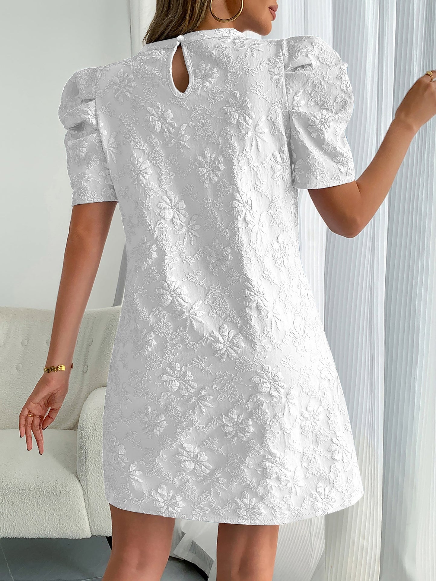 Elegant Mini Dress for Women with Puff Sleeve Floral Jacquard Round Neck Style