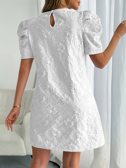 Elegant Mini Dress for Women with Puff Sleeve Floral Jacquard Round Neck Style