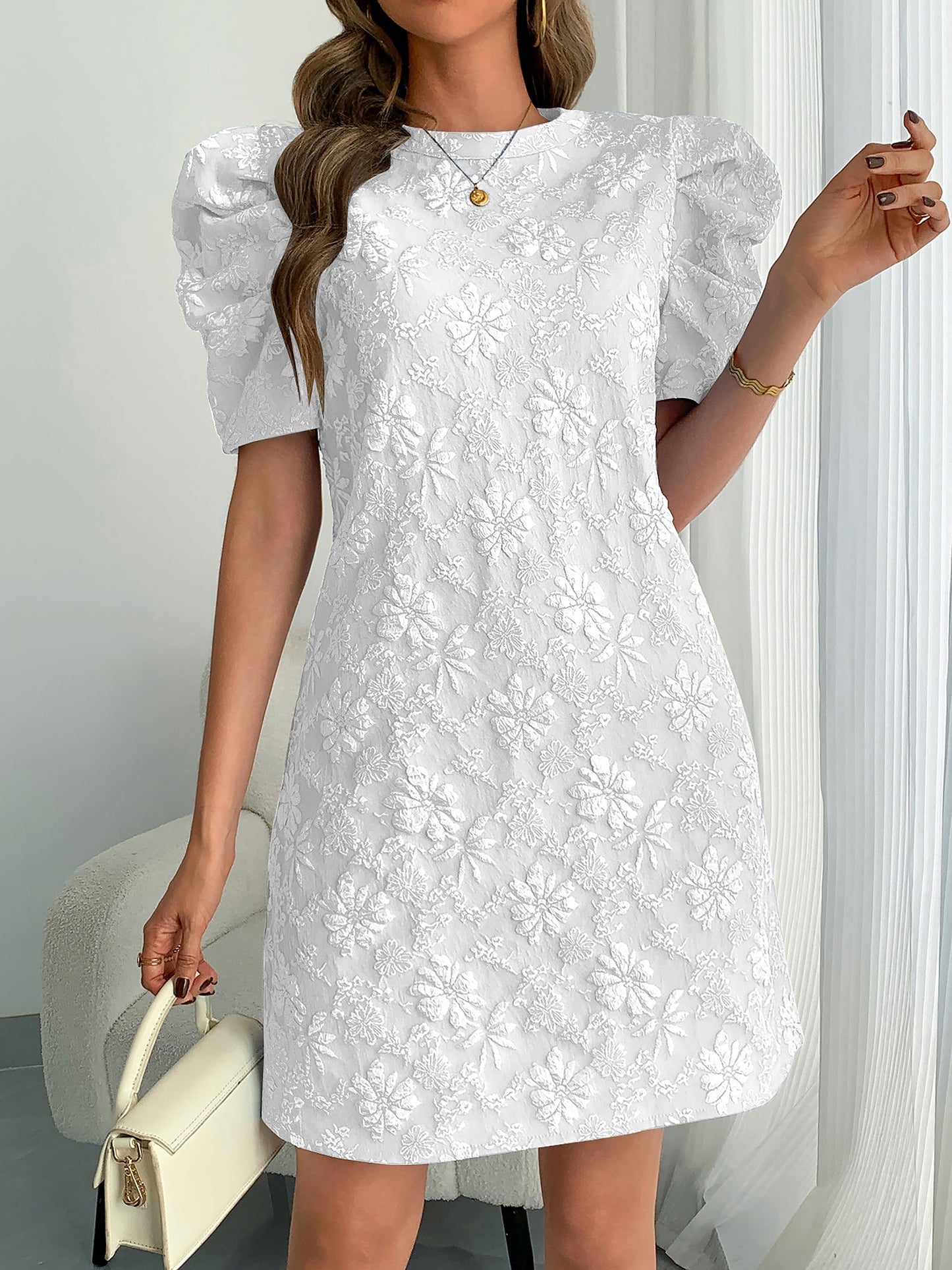 Elegant Mini Dress for Women with Puff Sleeve Floral Jacquard Round Neck Style
