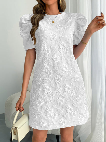 Elegant Mini Dress for Women with Puff Sleeve Floral Jacquard Round Neck Style