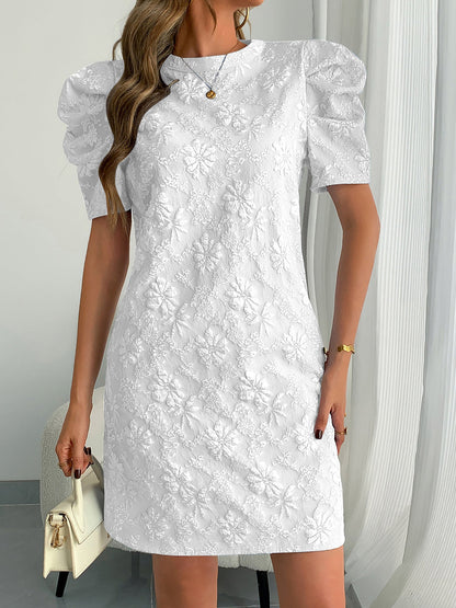 Elegant Mini Dress for Women with Puff Sleeve Floral Jacquard Round Neck Style