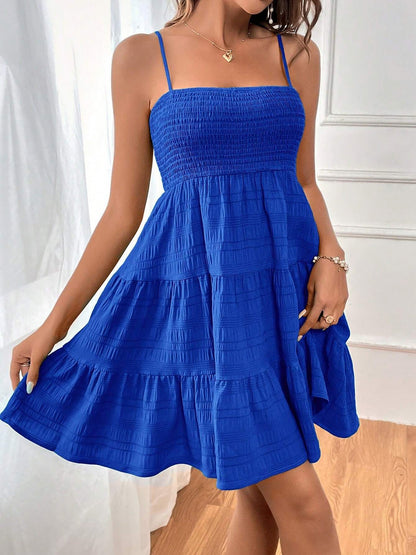 Effortless Tiered Mini Dress for Women with Smocked Bodice Spaghetti Strap Flowy Style