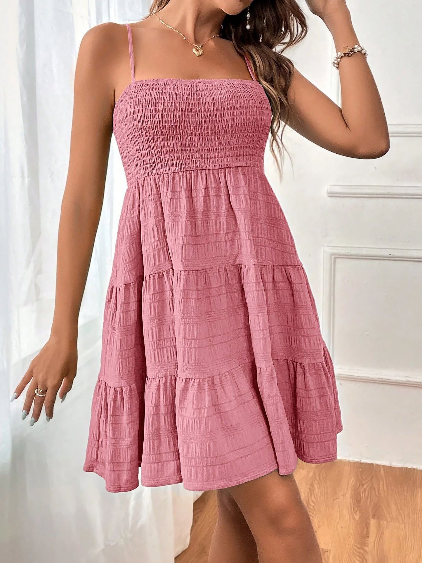 Effortless Tiered Mini Dress for Women with Smocked Bodice Spaghetti Strap Flowy Style