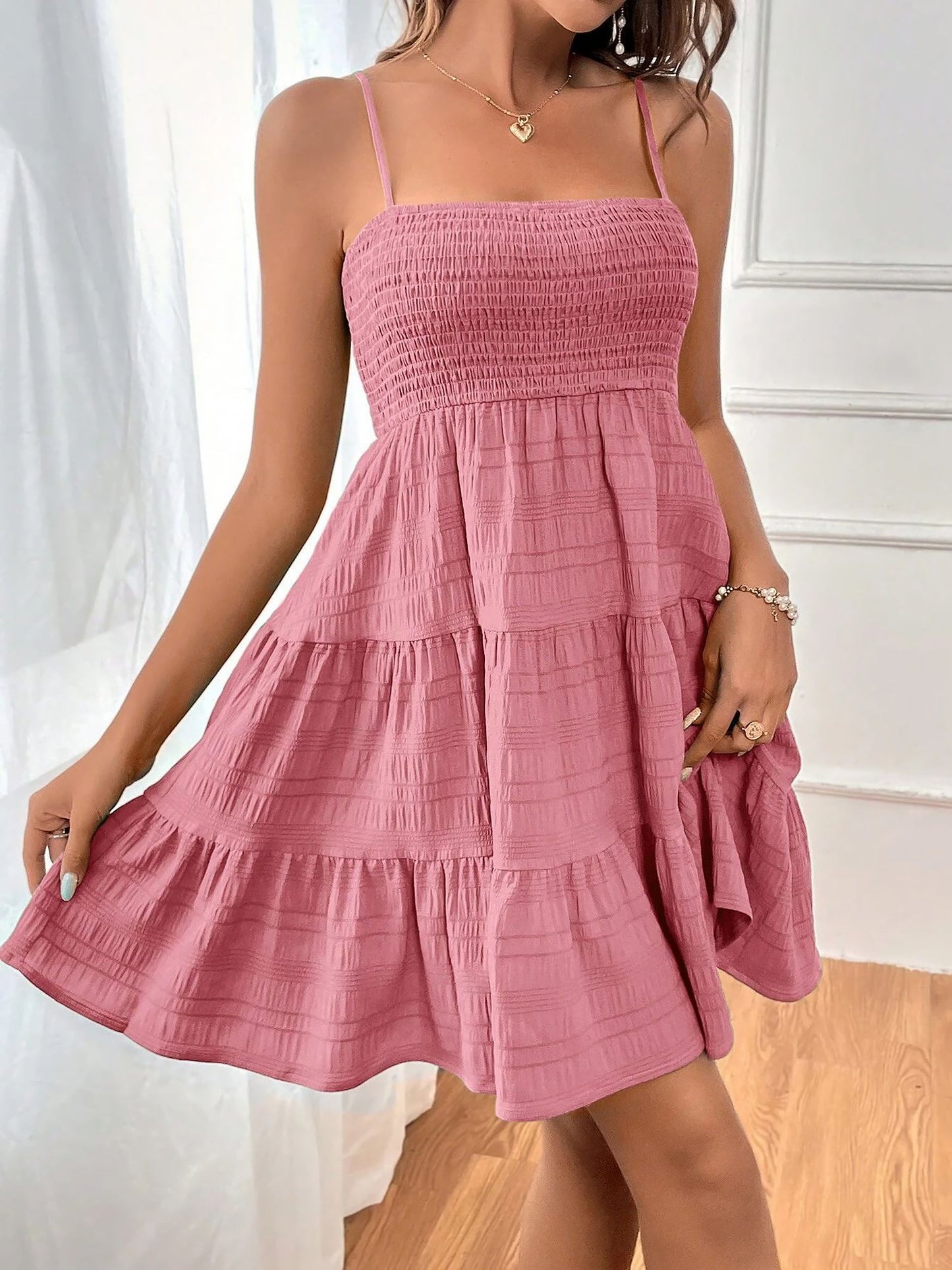 Effortless Tiered Mini Dress for Women with Smocked Bodice Spaghetti Strap Flowy Style