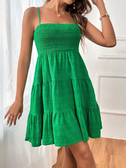 Effortless Tiered Mini Dress for Women with Smocked Bodice Spaghetti Strap Flowy Style